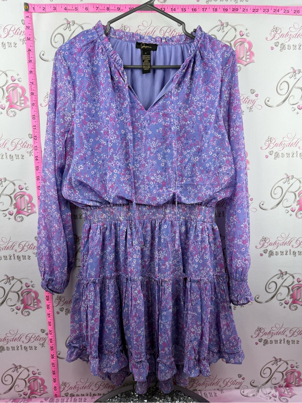 Japna dress bubble sleeves flowy boho Lavender Floral Tiered Long-Sleeve Dress